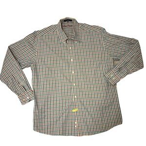 Alan Flusser Men's Button Down Shirt Tan/Blue/Purple‎ Plaid Stripes Size Large